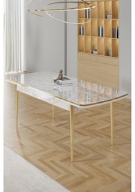 Resim Canisa Rada Serisi 80x132 Açılabilir Lak Panel Beyaz Mermer Desen Masa 4 Cappucino Sandalye Gold Detay Masa Beyaz Mermer Desen Sandalye Cappucino 