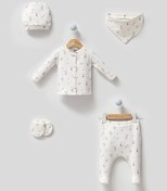 Resim limebabies Unisex Bebek Pamuklu Kumaş Pamuk Desen 5 Parça Hastane Çıkışı Zıbın Seti 