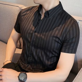 Resim Erkek Yaz Çizgili İş Gömlek, Kısa Kollu Düğme, Düzenli Kesim, 95% Polyester 5% Elastik, Dokuma Kumaş, Hafif Esneklik, İş Stili, Yaka Yaka, 119gsm - Günlük İş Giyimi 