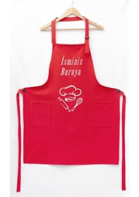 Resim Mutfak Önlüğü Kişiye Ve İsme Özel Nakışlı Mutfak Önlüğü Şef 2 Farklı Renkler Kırmızı 