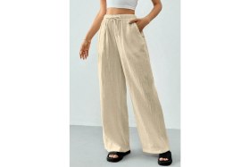 Resim Ghassy Co. Kadın %100 Cotton Müslin Ultra Hafif Palazzo Model Geniş Paça Keten Karışım Pantolon 