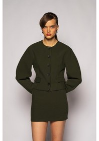 Resim Kadın Açık Haki Balon Kol Crop Blazer Açık Haki 