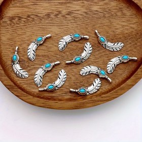 Resim 10 adet 6 adet mavi Yaprak Tüy PeaRooster Charm Çinko Alaşım Antik Gümüş Tibet Yaprakları Tüy Kolye Yapımı Bilezik DIY Küpe 