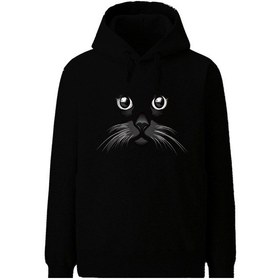 Resim Kedi Siyah Erkek Fermuarsız Kapüşonlu Sweatshirt Siyah 