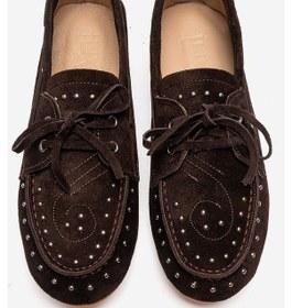 Resim Luvishoes Cuesta Kahverengi Süet Hakiki Deri Troklu Bağcıklı Kadın Loafer Ayakkabı 