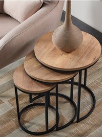 Resim 3' Lü Açık Ceviz Ahşap Siyah Metal Sehpa 