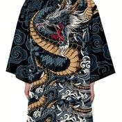 Resim Özelleştirilmiş 2024 Ejderha Motif Uzun Kimono - Rahat, V Yaka, Üç Çeyrek Kollu, Ejderha ve Samurai Tasarımı ile Yırtıcı Savaşçı Tasarımı, Bahar/Yaz Giyimi, Rahat Kesim, Rahat Giyim|Ejderha Motif Robe|Vyaka Robe 