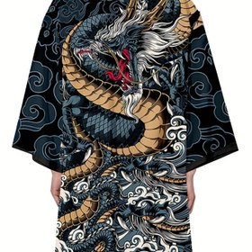 Resim Özelleştirilmiş 2024 Ejderha Motif Uzun Kimono - Rahat, V Yaka, Üç Çeyrek Kollu, Ejderha ve Samurai Tasarımı ile Yırtıcı Savaşçı Tasarımı, Bahar/Yaz Giyimi, Rahat Kesim, Rahat Giyim|Ejderha Motif Robe|Vyaka Robe 
