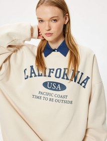 Resim Oversize Sweatshirt Kolej Baskılı Uzun Kollu Bisiklet Yaka Şardonlu 