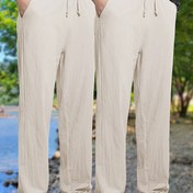 Resim 2 adet Erkek Linen Pantolonu - Rahat ve İşçi Tarzı, Bej ve Koyu Yeşil, Bağcıklı Bel, Esnek Olmayan Kumaş, Açık Hava Aktiviteleri İçin Mükemmel, İlkbahar / Sonbahar Giyimi, Dış Giyim | Minimalist Tarz | Linen Karışımı 