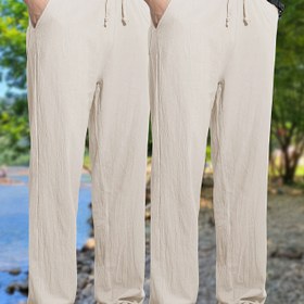 Resim 2 adet Erkek Linen Pantolonu - Rahat ve İşçi Tarzı, Bej ve Koyu Yeşil, Bağcıklı Bel, Esnek Olmayan Kumaş, Açık Hava Aktiviteleri İçin Mükemmel, İlkbahar / Sonbahar Giyimi, Dış Giyim | Minimalist Tarz | Linen Karışımı 