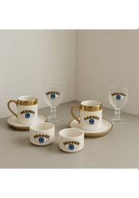 Resim 2 Kişilik Porselen Nazar Göz Platin Yaldız Fincan Takımı Seti Ve 2 Porselen Lokumluk Ve 2 Cam Bardak Altın - Beyaz 