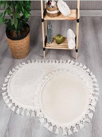 Resim My Evilla Modern Simirna Dekoratif Peluş Oval Ponpon Saçaklı Klozet Takımı Krem 