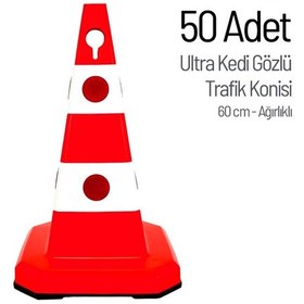 Resim 50'li Ultra Kedi Gözlü Trafik Konisi Seti Ağırlıklı 60 Cm Trafik Dubası-3601 