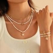 Resim 6 Parça Yaz Plaj Tatili Kabuk Denizyıldızı Kolye ve Bileklik Seti - Minimalist Tarz Altın Renkli Boncuklu Çok Katmanlı Takılabilir Kolye ve Bilezik Seti, Kız Arkadaşa Hediye 