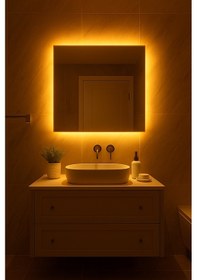 Resim Digital Hayat Amber Led Işıklı Kare Ayna Dekoratif Banyo Makyaj Aynası Koyu Sarı Koyu Sarı 