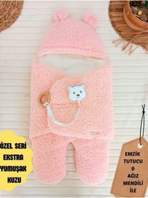 Resim Bebek Dış Kundak Battaniyesi Pelüş Ayaklı Welsoft Uyku Tulumu Kışlık Mont Yenidoğan 0-12 Ay Pembe 