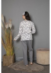 Resim Tekten 0200 Çiçek Desenli Uzun Kollu Kadın Pijama Takımı Gri 