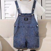 Resim Erkek çocuklar için yazlık rahat paçalı detaylı geniş düz bacaklı denim tulum ve askılı tişört, ilkbahar ve yaz giyimi için uygun, dış mekan seti, Mükemmel Dış Mekan 