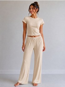 Resim Kadın %60 Bambu %40 Cotton Likralı Fırfır Detaylı Pijama Takımı İspanyol Paça Rahat Kalıp Şort + Toka 4'lü Set Bej 