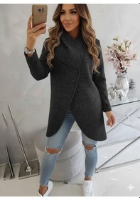 Resim Kırçıllı Siyah Kadın Asimetrik Fermuarlı Oversize Kapüşonlu Sweatshirt Kalın Kumaş Rahat Günlük Tarz Füme 