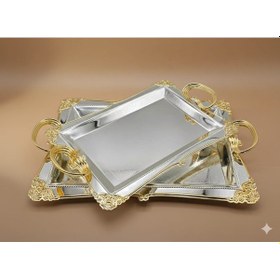 Resim Decovien Vintage Dekoratif Metal Dikdörtgen 2 Li Tepsi Altın - Gümüş 