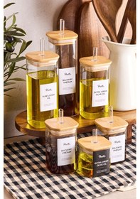 Resim Cubes Borosilikat 6 Lı Pratik Mutfak Seti Bambu Kapak-yağlık Sosluk Sirkelik Şekerlik ŞEffaf 