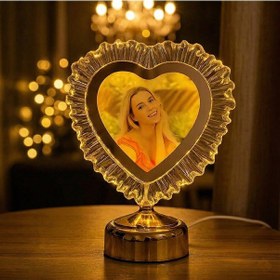 Resim Yatak Odası İçin Abajur Led Işıklı Fotoğraflı Çerçeve Kristal Kalpli Kişiye Özel Resimli Abajür Gold 