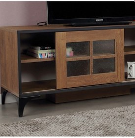 Resim Revival Metal Ayaklı Tv Ünitesi 125Cm Meşe / Cam Sürgülü Kapaklı 