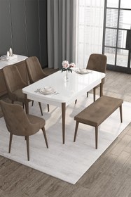 Resim Canisa Roy Serisi 80x132 Mdf Beyaz Masa Ceviz Ayak Masa Takımı 4 Kahverengi Sandalye Ve 1 Bench 