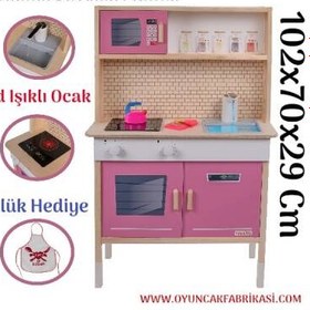 Resim Led'li ve Musluktan Su Akıtan Büyük Ahşap Oyuncak Mutfak Seti-Pembe 102x70x29 Cm 