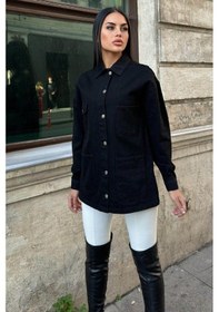 Resim Siyah Geniş Cepli, Düğme Detaylı, Oversize Kot Ceket Gömlek Siyah 