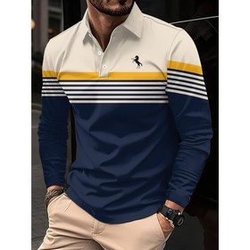 Resim Erkekler için At Logolu Çizgili Uzun Kollu Gömlek - Kontrast Yaka, Klasik Düğmeli Ön, Makinede Yıkanabilir, Çok Yönlü Rahat ve Yarı Resmi Stil, Yaz Golf ve Hafta Sonu Giyimi, Golf Gömleği, Spor Rahat Giyim, Dayanıklı Kumaş, Erkek Giyim, Erkek Polo Gömleği 