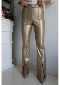 Resim Paçası Yırtmaçlı Deri Pantolon - Gold Renk-400 Sarı 