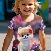 Resim Kız Çocukları İçin Sevimli Pomeranian Baskılı Kısa Kollu Tişört, Hafif Esnek Kumaştan Rahat Yuvarlak Yaka Polyester Örme Üst, Çocuklar İçin Yaz Modası Spor Giyim, Normal Kalıp Hayvan Desenli Tişört 