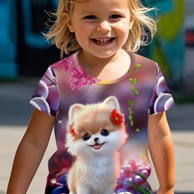 Resim Kız Çocukları İçin Sevimli Pomeranian Baskılı Kısa Kollu Tişört, Hafif Esnek Kumaştan Rahat Yuvarlak Yaka Polyester Örme Üst, Çocuklar İçin Yaz Modası Spor Giyim, Normal Kalıp Hayvan Desenli Tişört 