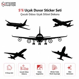Resim 5'li Uçak Duvar Sticker Seti - Çocuk Odası Uçak Silüet Dekoru - Açık Gri 