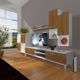 Resim Decoraktiv Eko 6da Slm DVD Krom Ayaklı Tv Ünitesi Tv Sehpası Beyaz Ceviz 