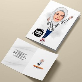 Resim Beyaz Başörtülü Kadın Karikatürlü Tebrik Kartı 