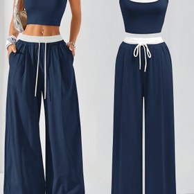 Resim Kadınlar için Günlük Moda Kontrast Renkli İnce Askılı Atlet ve Bol Kesim Düz Bel Bağcıklı Cepli Pantolon İki Parça Takım 
