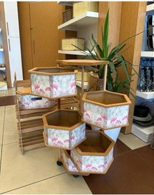 Resim Ahşap Altıgen Sebzelik 5 Katlı Yana Açılır Patates Soğan Tekerlekli Sebzelik Flamingo Beyaz 