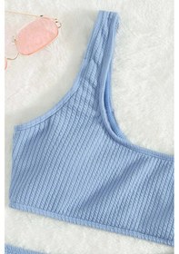 Resim Angelsin Özel Fitilli Kumaş Yüksek Bel Tankini Bikini Takım Mavi 