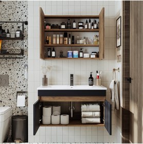 Resim ROOMART '' Lavabolu '' Atlantik - Antrasit Mat Mdf 85 Cm Alt Dolap Aynalı Üst Dolap 