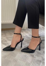 Resim Kadın Siyah Rugan Bilekten Bağlamalı 10 Cm İnce Topuklu Ayakkabı Siyah Rugan 