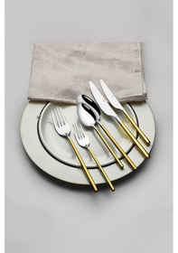 Resim Gloria Altın Sade 12 Kişilik 84 Parça Deri Kutulu Çatal Kaşık Bıçak Takımı Altın 