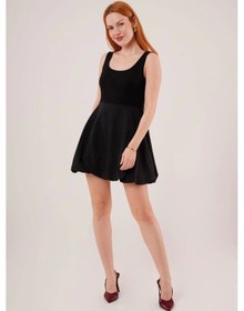 Resim Defymoda Kalın Askılı Balon Etek Siyah Mini Elbise Siyah 