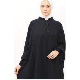 Resim Kadın Medine İpeği Abaya Ferace Elbise Hakim Yakalı Yarasa Kollu Tesettür Elbise Lacivert 