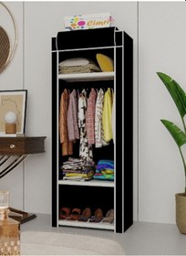 Resim Geniş Askılı, 3 Raflı, Plastik Profilli Bez Dolap, Gardırop Siyah 