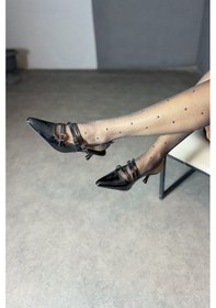 Resim Günlük Kadın Sivri Burunlu Ayarlanabilir Tokalı İnce Topuklu Arkası Açık Abiye Ayakkabı 901 Siyah 