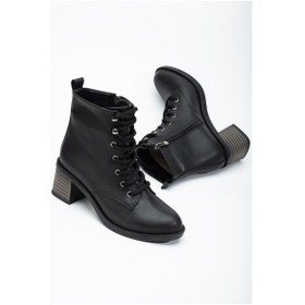 Resim Kadın Topuklu Bot Siyah Bağlı Suni Deri-3285 Siyah 